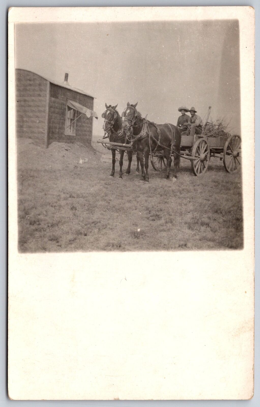 Farming~Farmer & Wife In Horse-Drawn Wagon~Window Awning On Sod House~c1910 RPPC