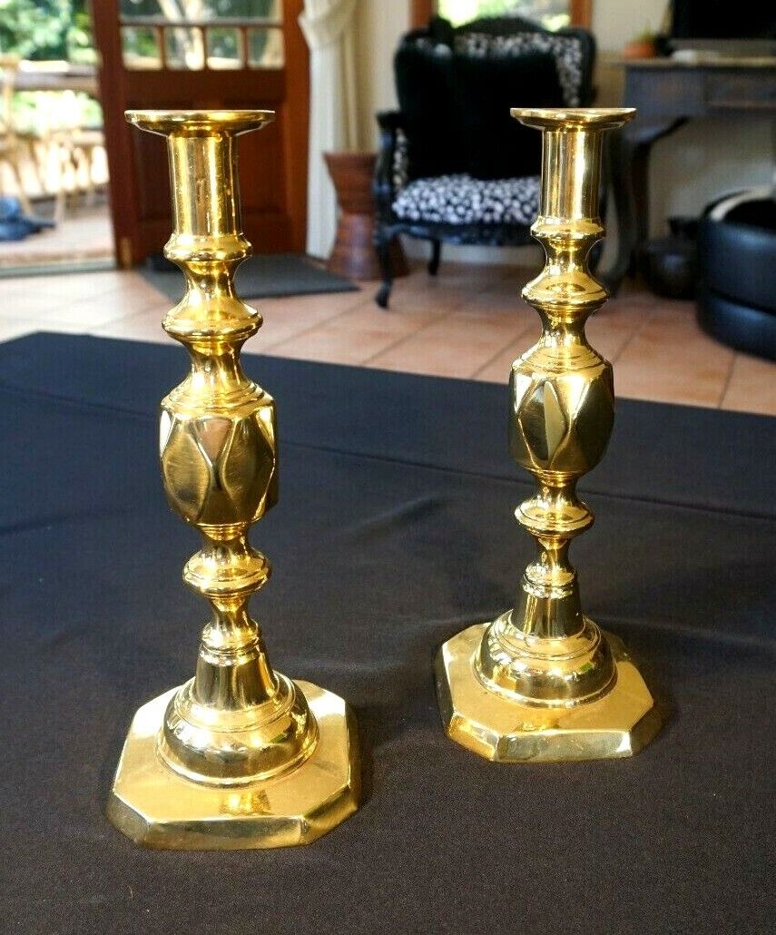 Beautiful Antique Victorian Brass Candlesticks Signed - The Queen Of Diamonds  