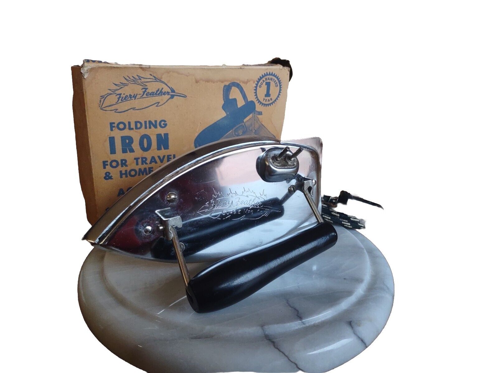 Working Vtg Fiery-Feather folding travel Iron original box and cord, gets HOT