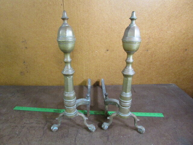 PAIR of VINTAGE CHIPPENDALE STYLE SPUR LEG, CLAW & BALL FOOT BRASS ANDIRONS 