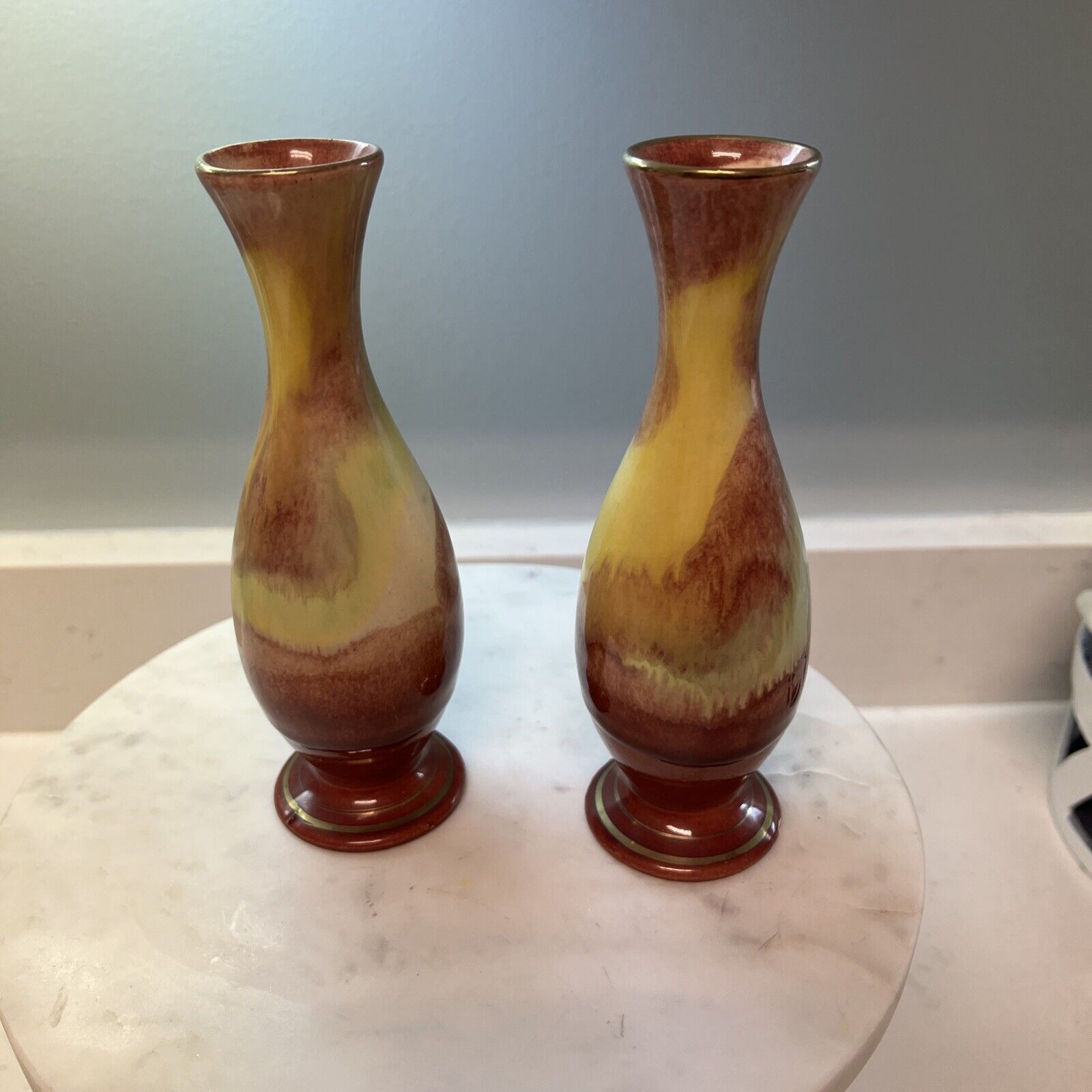 West Germany Bay Keramik Vintage Pair of Vases 7” 17.5 Cm Tall Rust Red Yellow