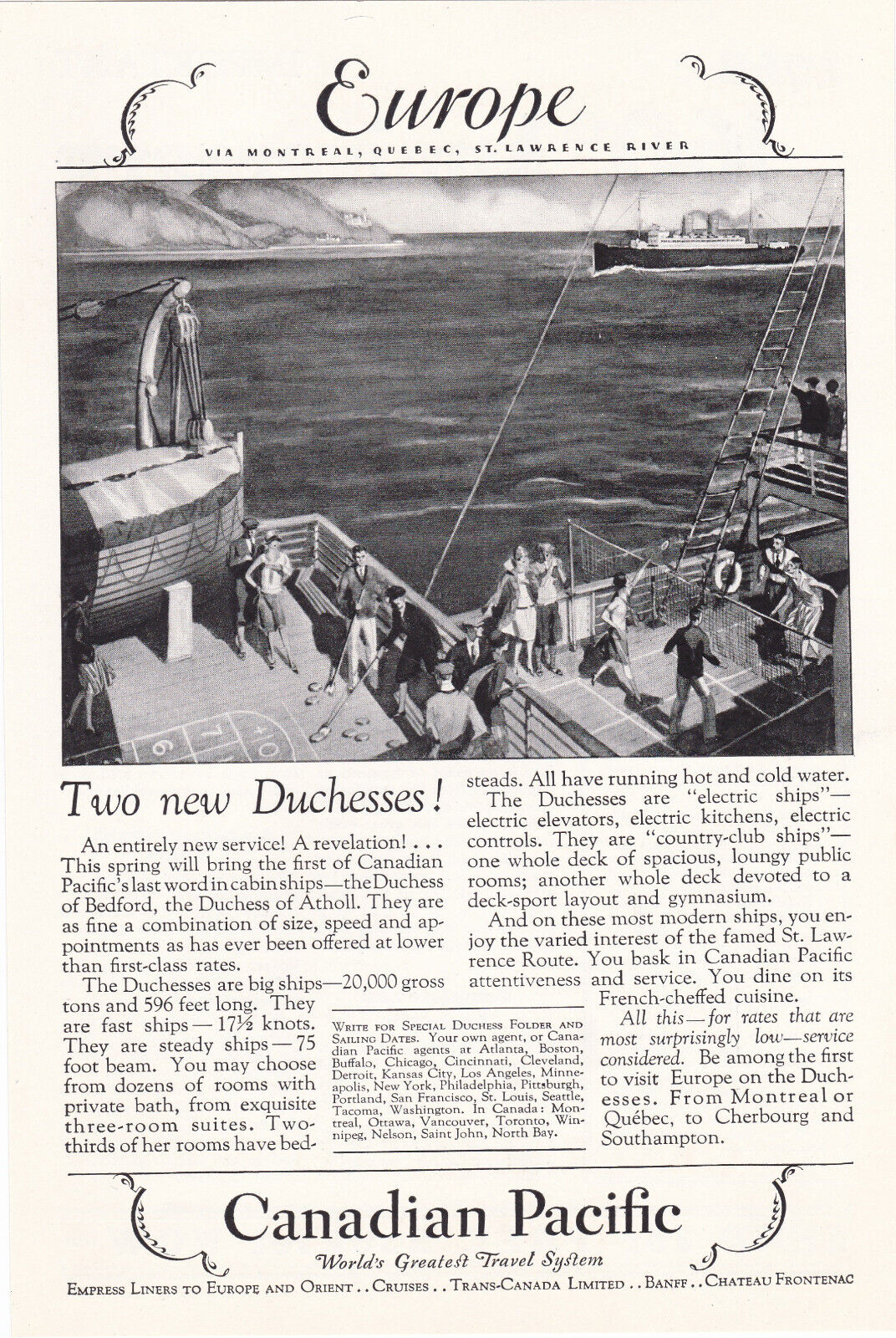 1928 Canadian Pacific Cabin Ships Vintage Print Ad Duchess Playing on Ship Deck
