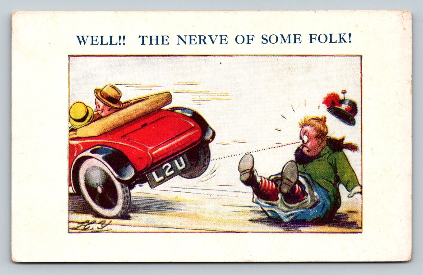 The Nerve of Some Folk Person Falls Over Speeding Car L2U VINTAGE Comic Postcard