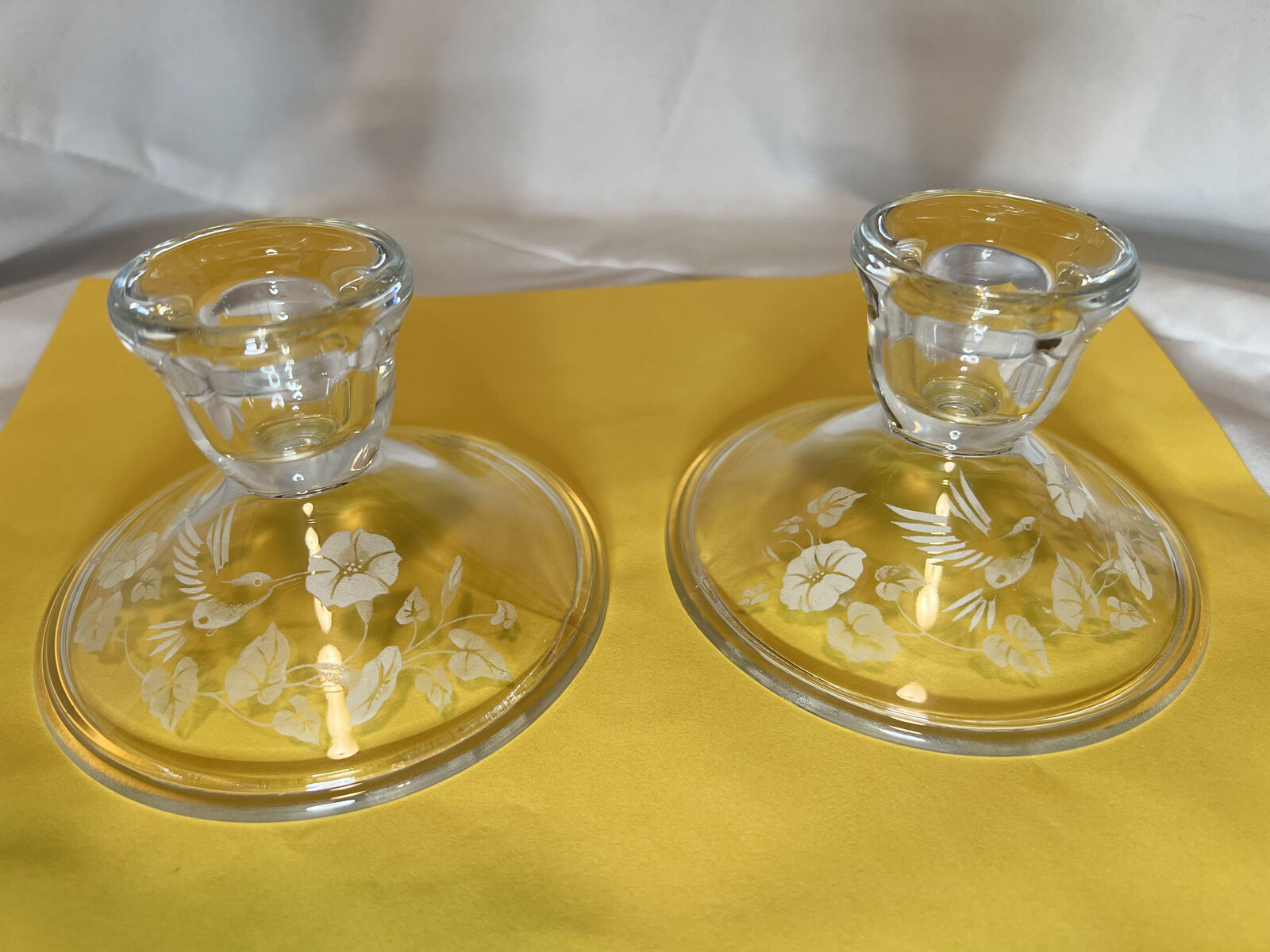 Vintage 1980'S 24% Lead Crystal Etched Hummingbird Candle Holders (2)