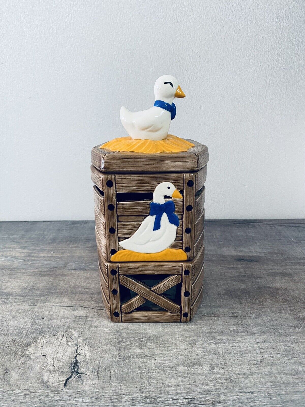 Vintage Stacking Blue Bow Goose Trinket Hand Painted Ceramic Canister READ