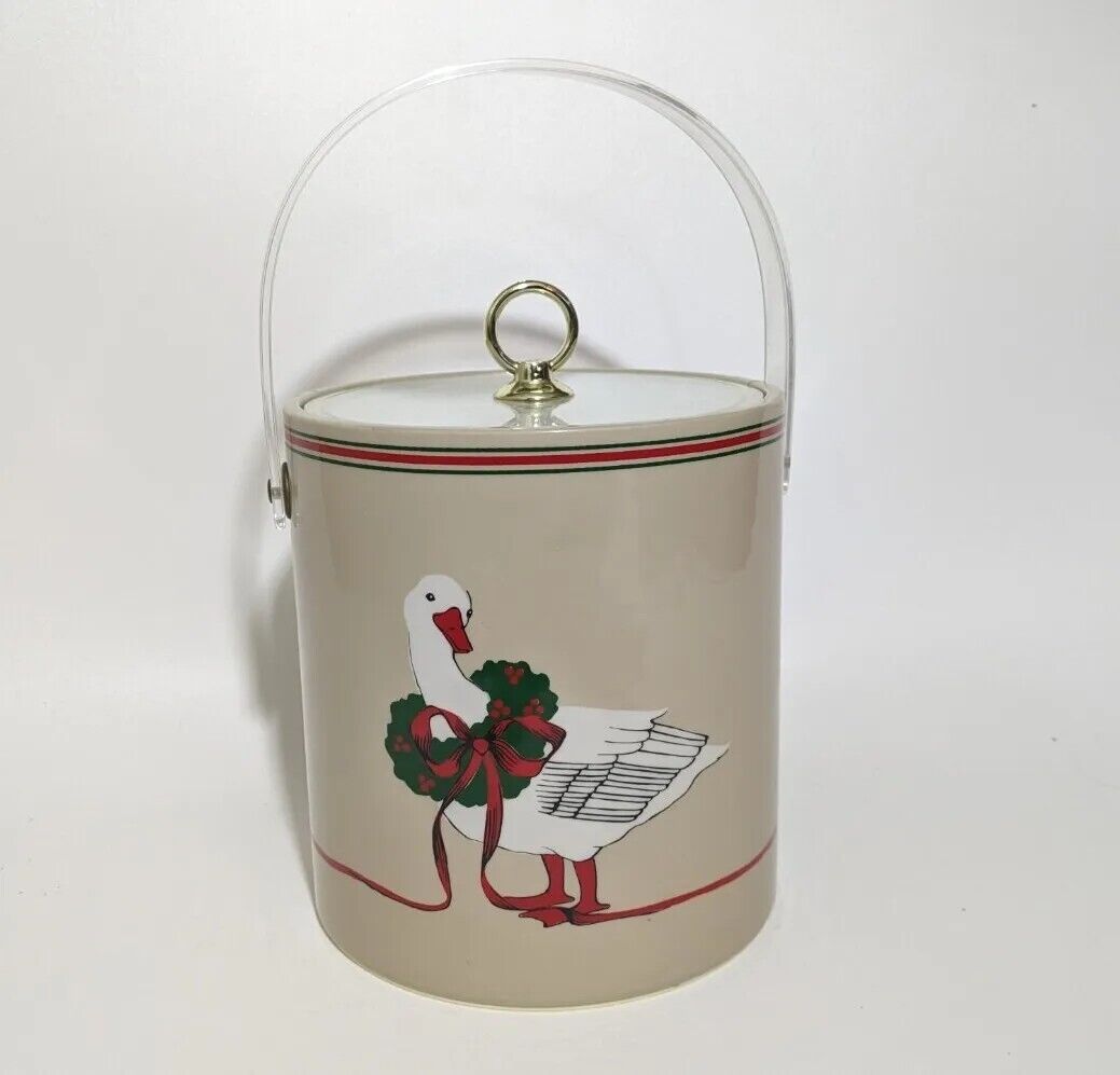 Vintage Cera White Duck Christmas Ice Bucket with Lid Wreath Box Xmas 1970s