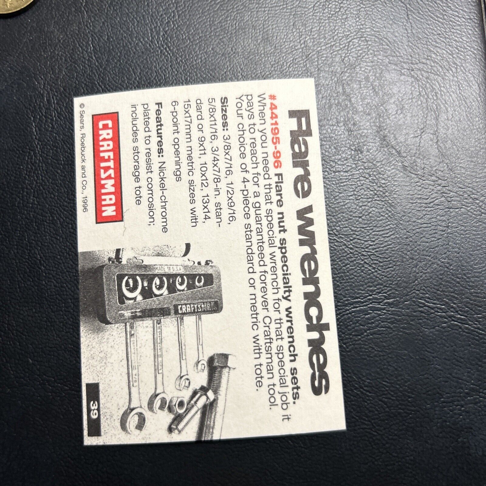 Jb98 Craftsman Card Sears Roebuck 1996/97 #39 Flare Nut Wrenches