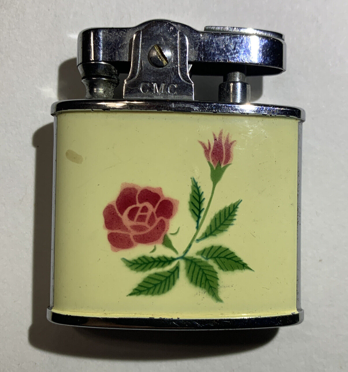 RARE 1960\'s Continental Japan Lighter Ivory Red Pink Rose floral Design Vintage