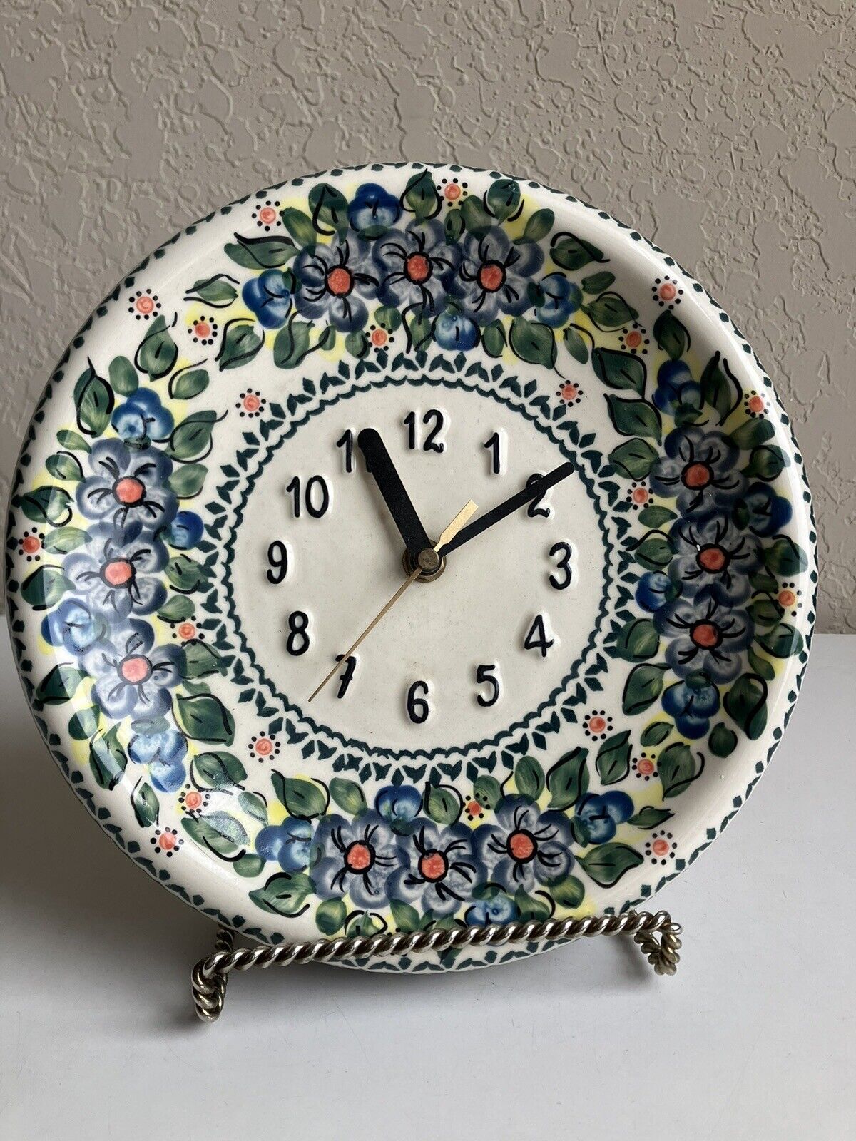 Unikat Wiza Poland Boleslawiec Pottery Wall Clock Blue Floral NICE 9.25”