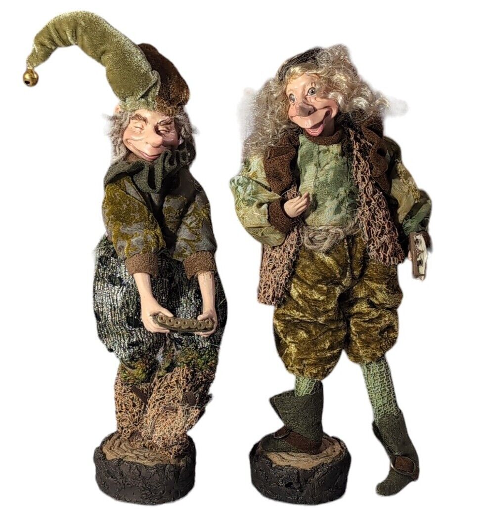 Rare Elf Dolls Troll Woodsman Doll 11” Folk Art  Wood Plastic Look Base Set Of 2