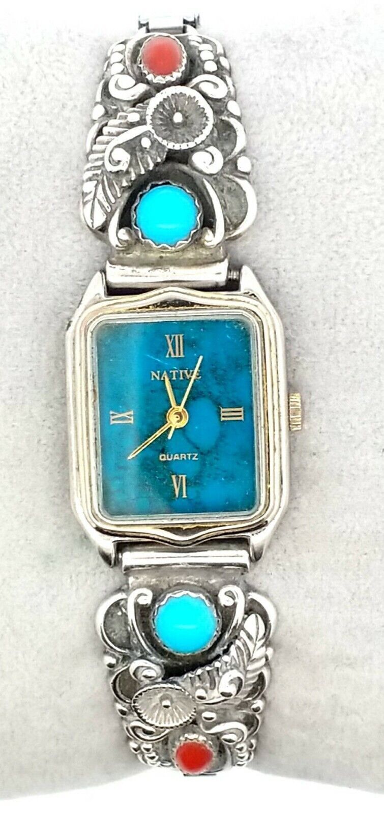 Vintage Navajo STC Sterling Silver Bangle Watch w/ Coral & Turquoise 26.8 Grams