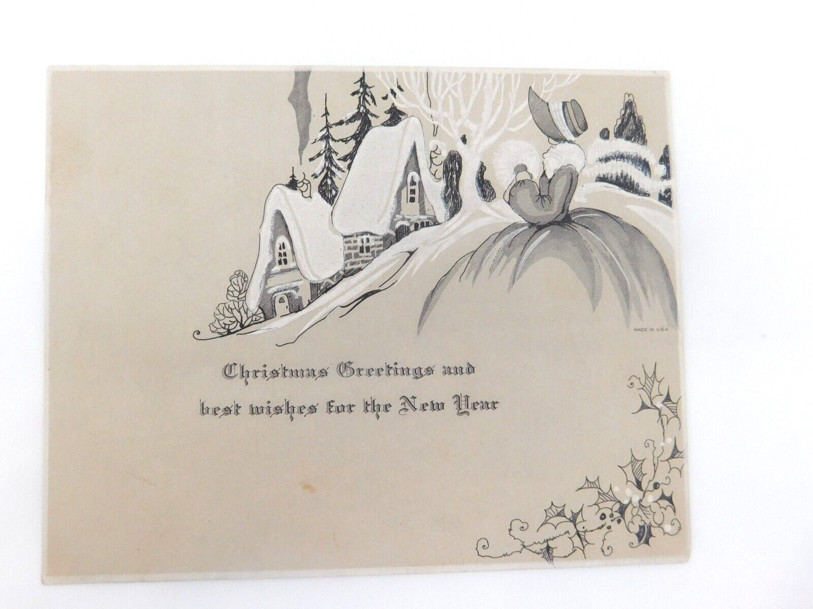 Vintage Art Deco Christmas Card House & Lady in Black & White V492