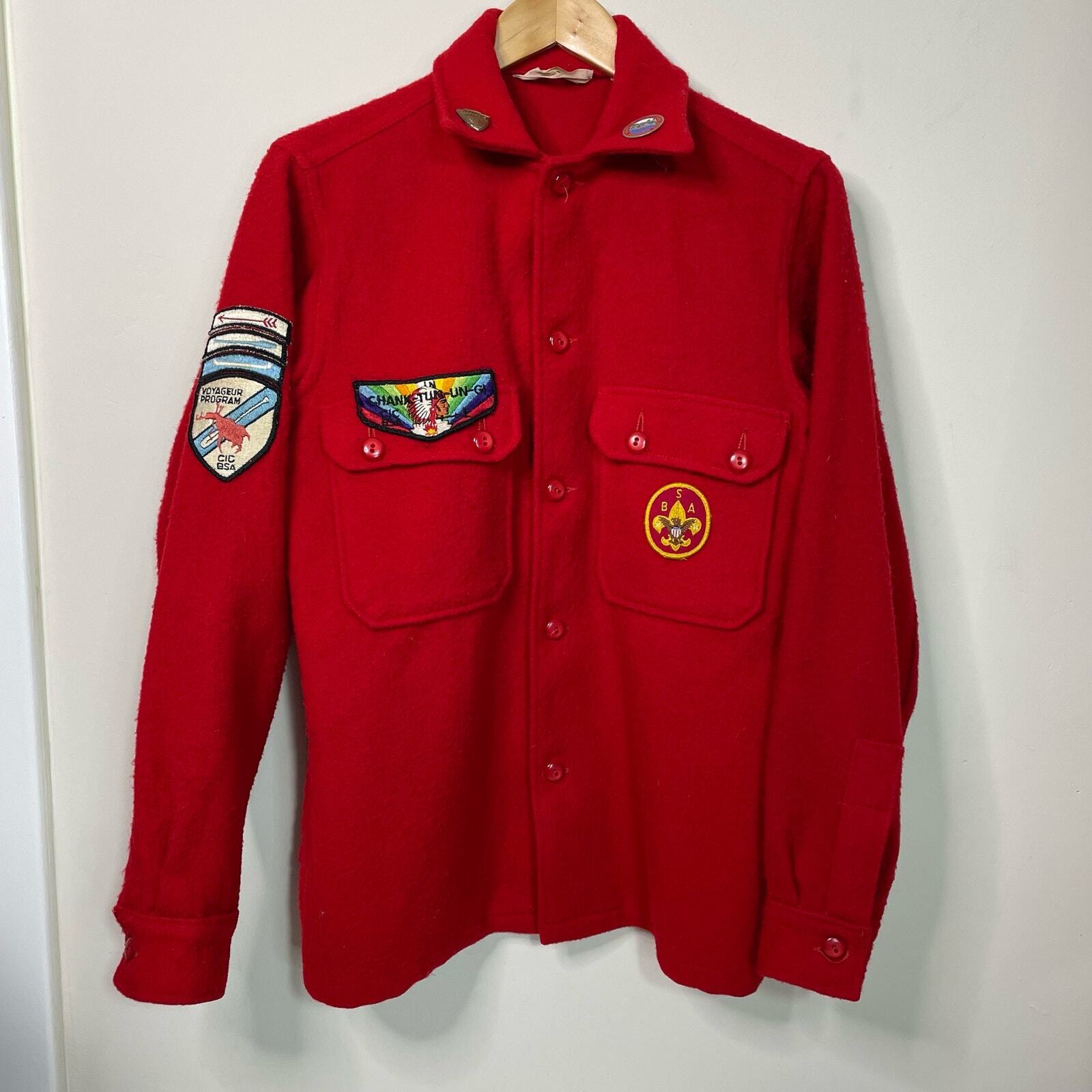 Vintage BSA Red Wool Boy Scout Shirt Jacket Patches Indiana CIC Youth Size 20 XL
