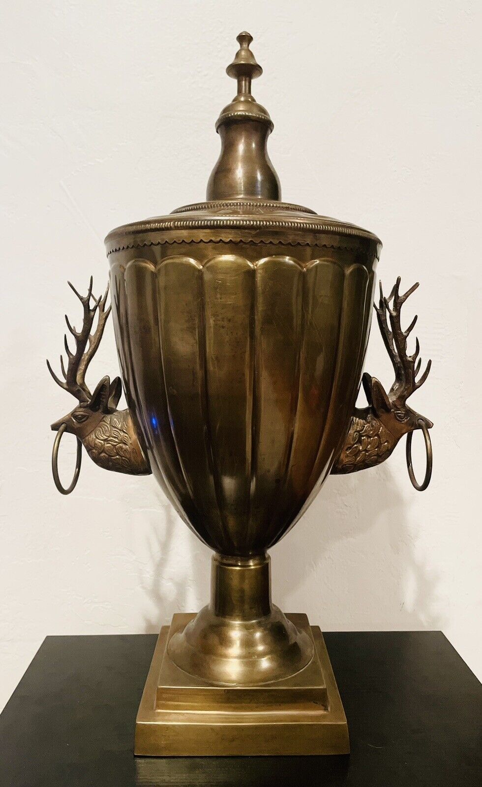 Antique Lidded Brass Urn with Deer Stag Handles