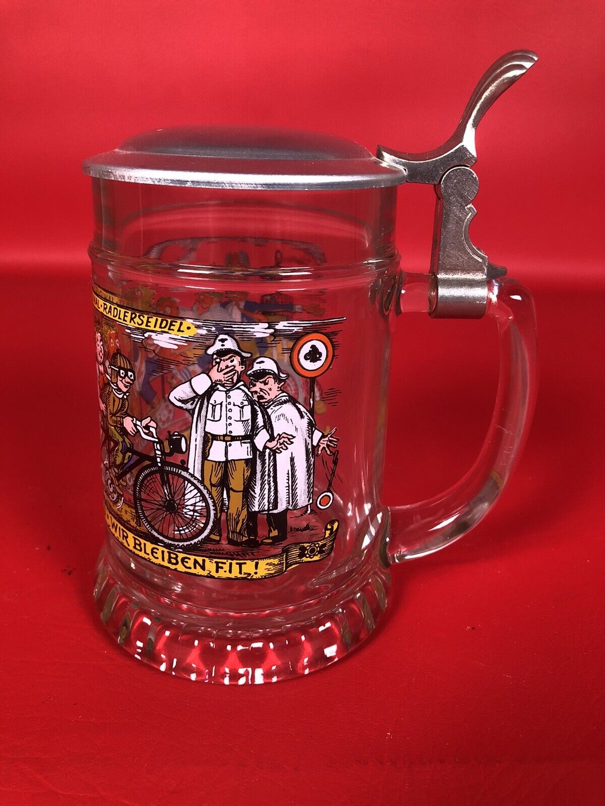 Vintage Radlerseidel Original Glass Beer Stein W/ Pewter Lid West Germany