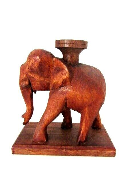 Vintage Carved Wood Thailand Elephant Figurine Statue Platform Candle Holder