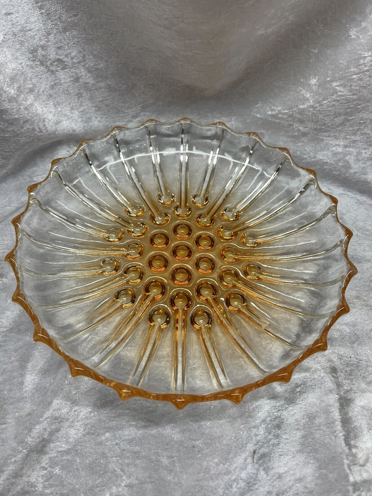 Iridescent Amber Edge Glass Sunflower Hobnail Candy Dish  Bowl 8” Beautiful