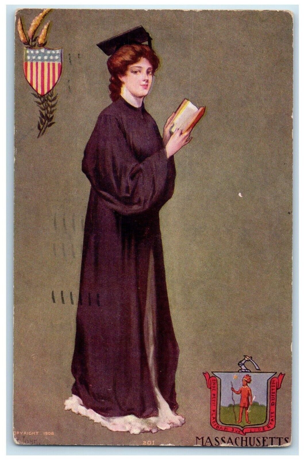 1908 Graduating Woman Holding Book Massachusetts Vintage Antique Posted Postcard