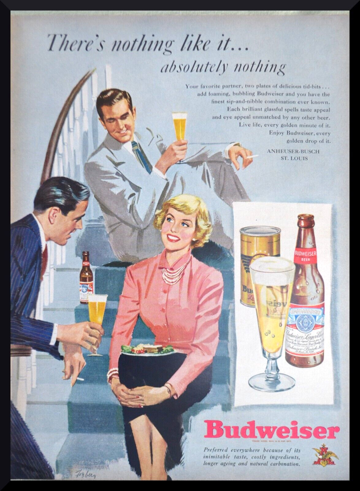 1949 Budweiser Beer Wooing Blonde Woman with Beer Vintage Print Ad Original