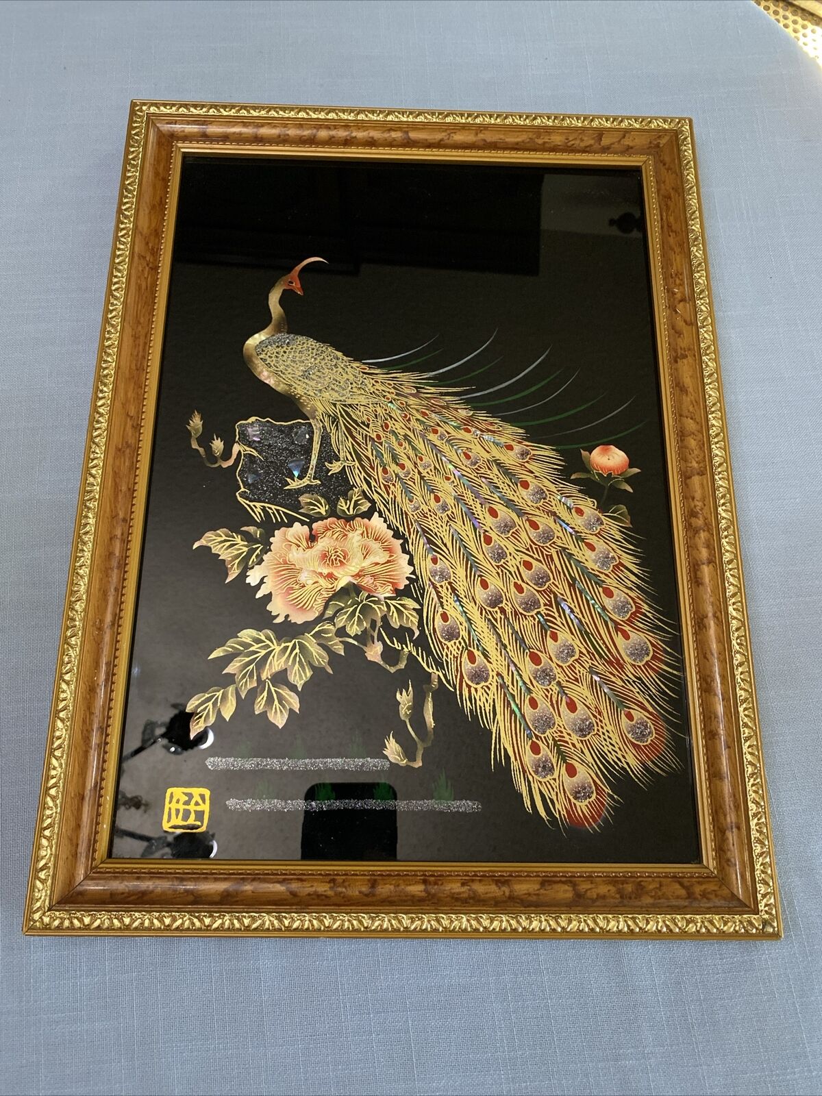 Beautiful Japanese Reverse Glass Painted Peacock Picture Frame 17” By  13 3/4”