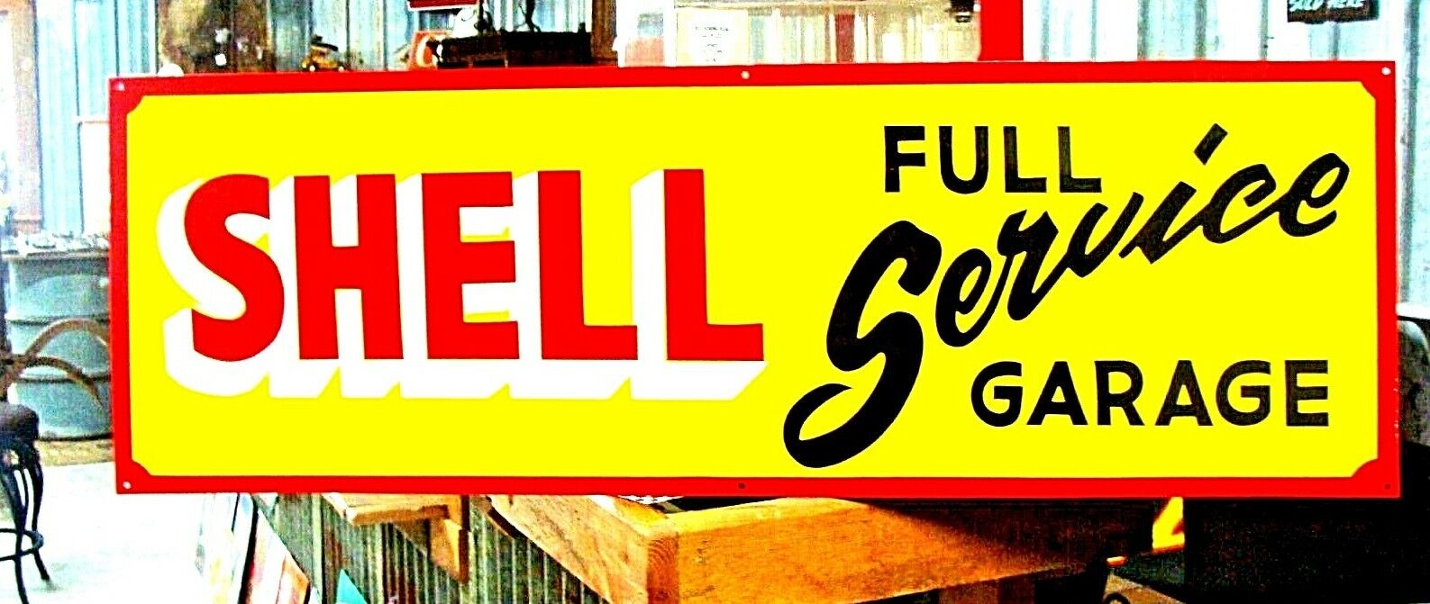 Vintage Hand Painted SHELL FULL SERVICE Gas Oil Station Metal SIGN Shop Garage 