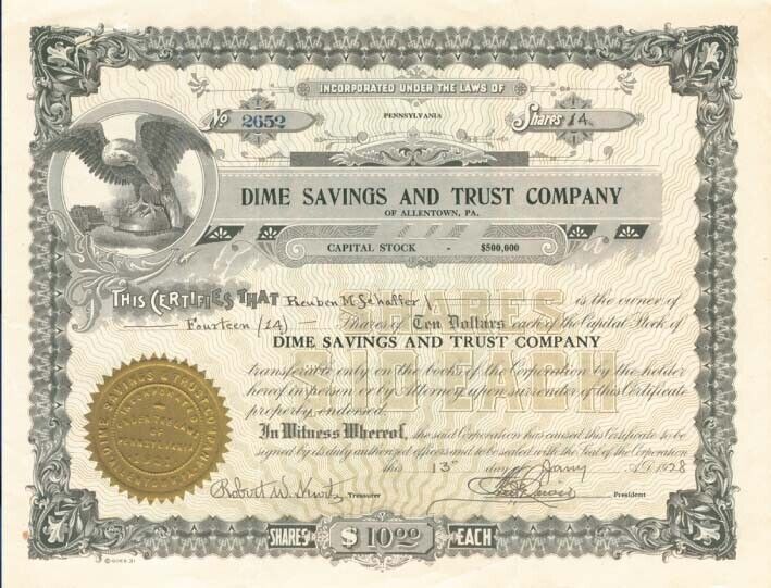 Dime Savings and Trust Co. - Stock Certificate - Banking Stocks