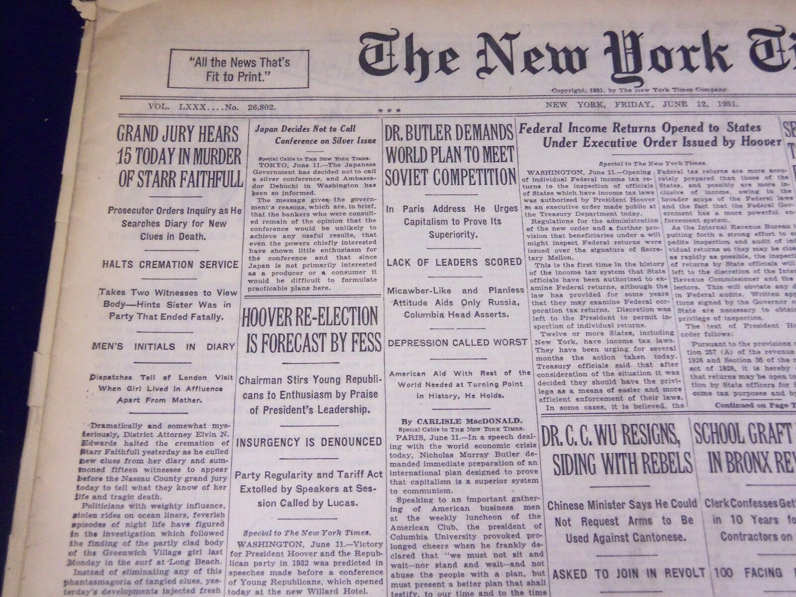 1931 JUNE 12 NEW YORK TIMES - STARR FAITHFULL CREMATION HALTED - NT 2212