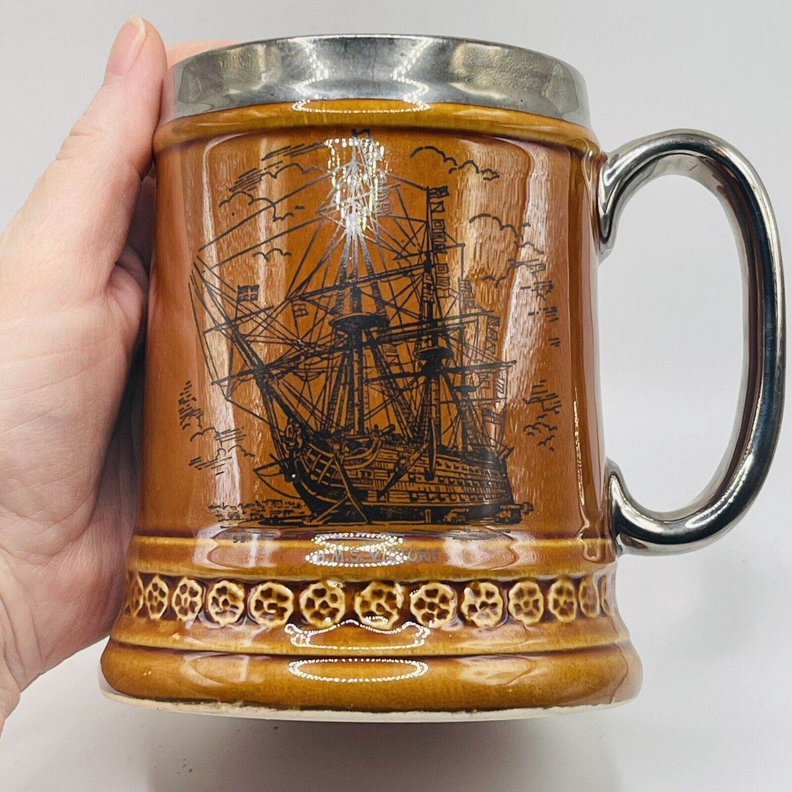 Vintage Susan Clough Made in England Glazed Tankard Mug with HMS Victory Ship