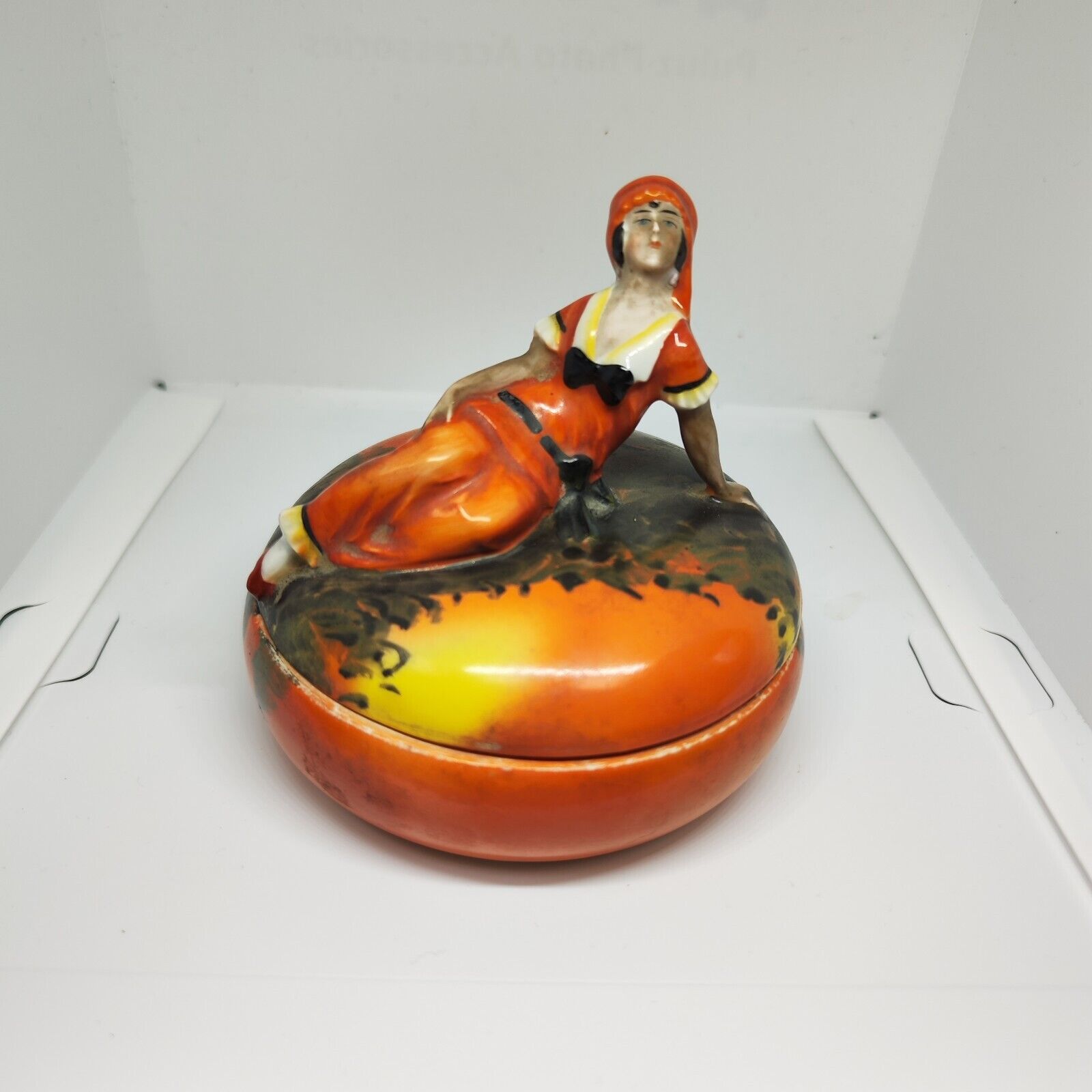 Art Deco flapper Lady Lidded Powder Bowl Porcelain Trinket pot orange Dress