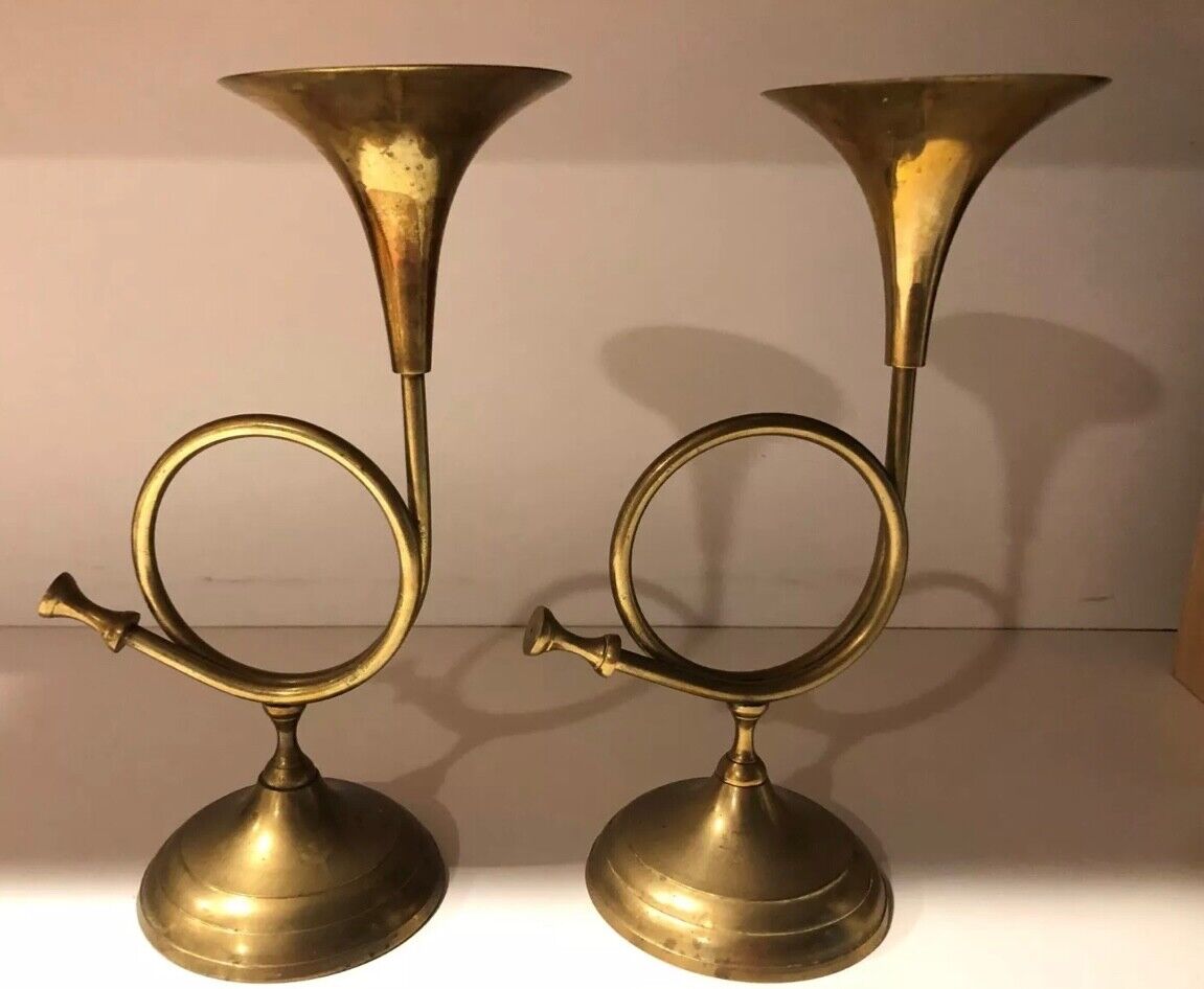vintage pair brass french horn candle sticks