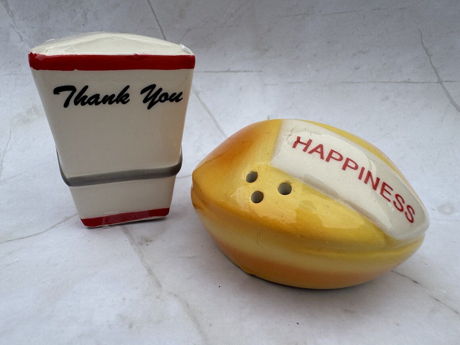 Pier One Salt and Pepper Shakers Take Out Box and Fortune Cookie Chinese Food