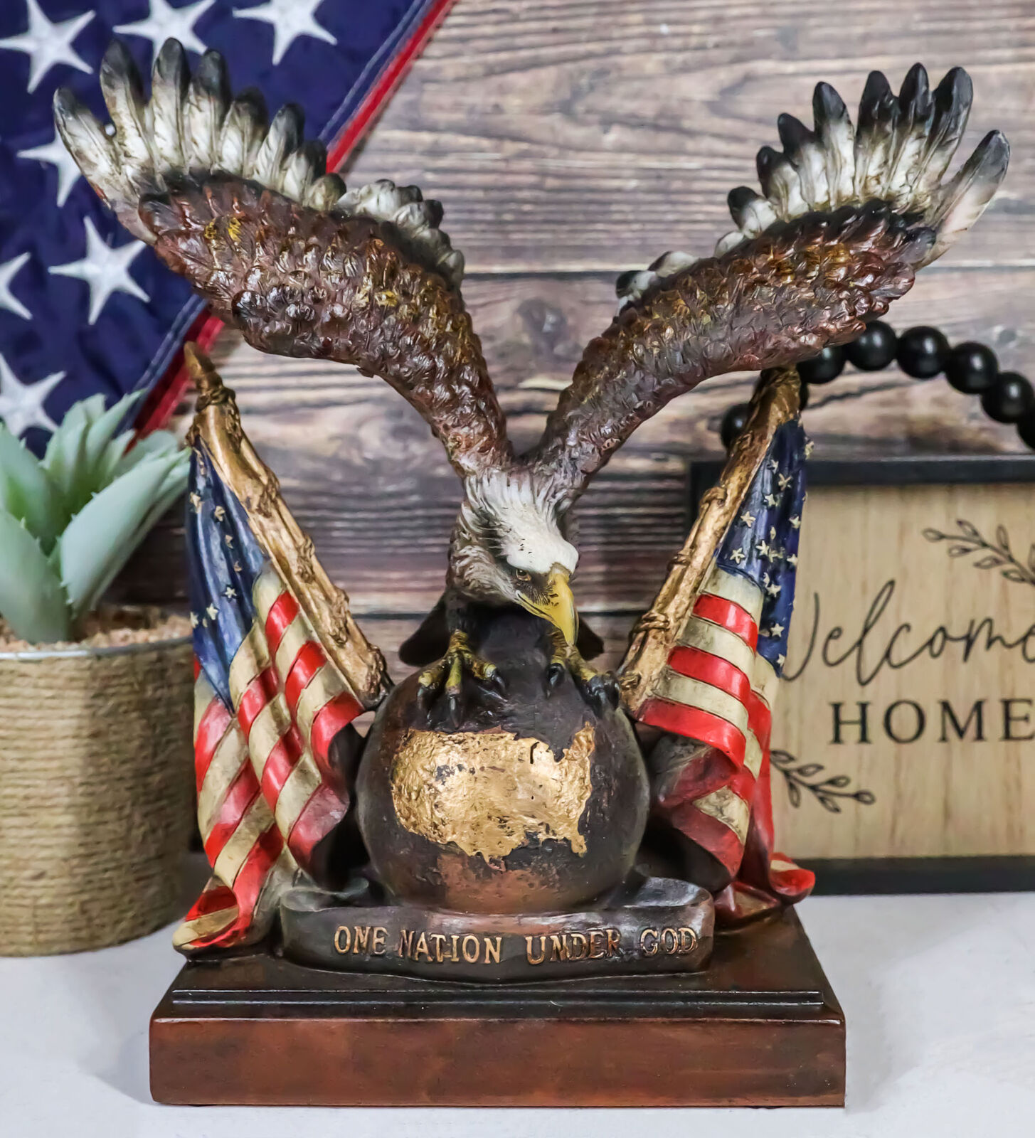 Bald Eagle On Map Of America Globe With 2 Flags Figurine One Nation Under God