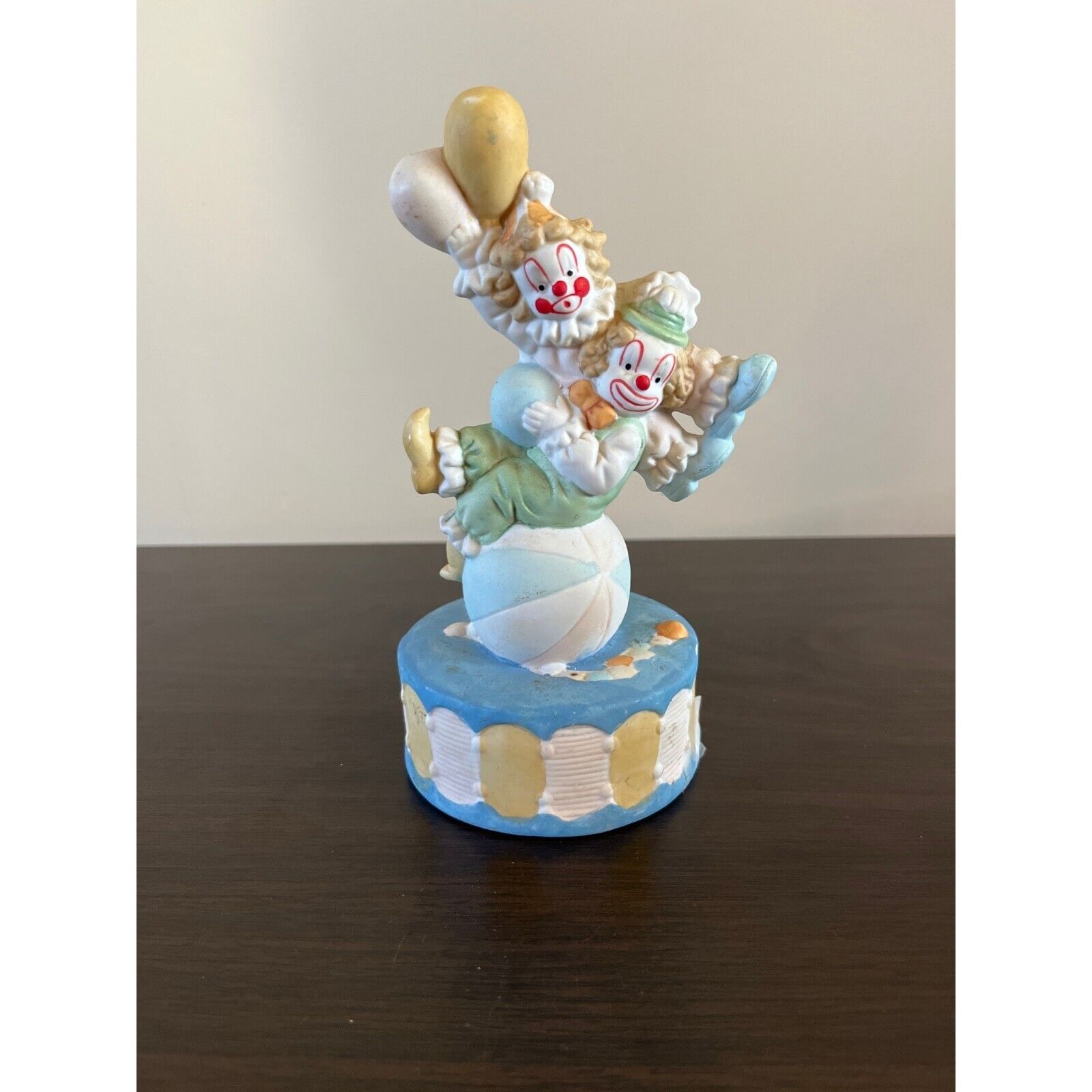 Acrobat Circus Clown Figurine Holding Balloons Sitting On Ball Multicolor