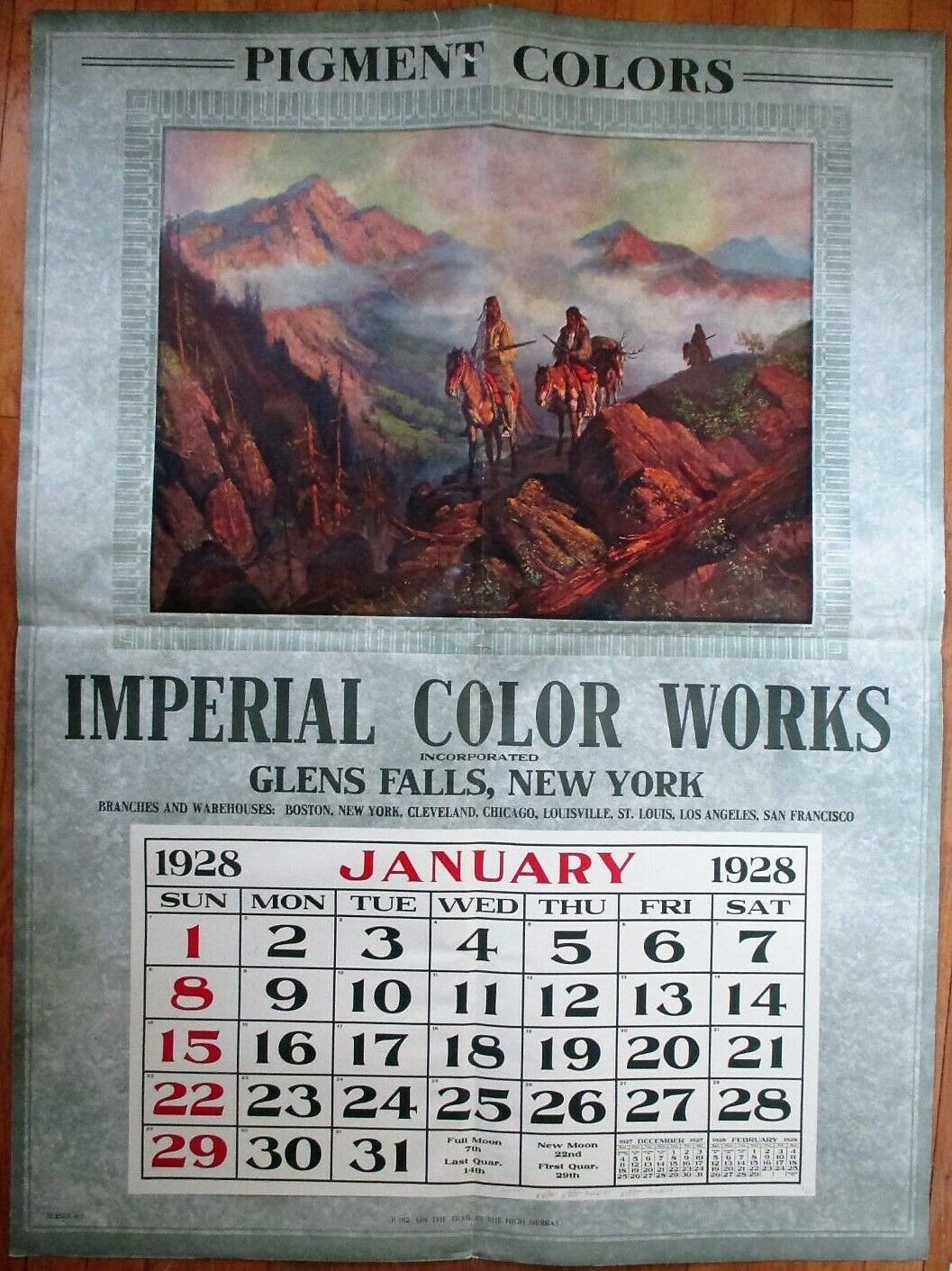 Glens Falls, NY 1928 Advertising Calendar/GIANT 35x47 Poster-Native American Art