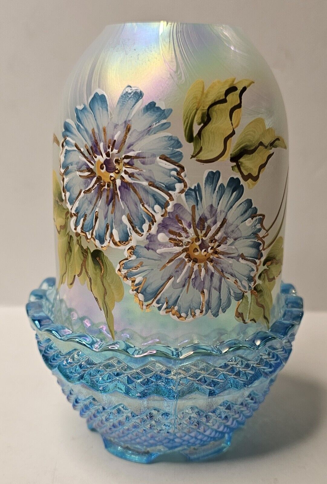 Rare Fenton Handpainted Corn Floral Fairy Lamp Blue Signed Fenton 4.75 Tall
