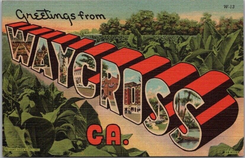 Vintage 1940s WAYCROSS Georgia Large Letter LINEN Postcard Tobacco Field -Unused