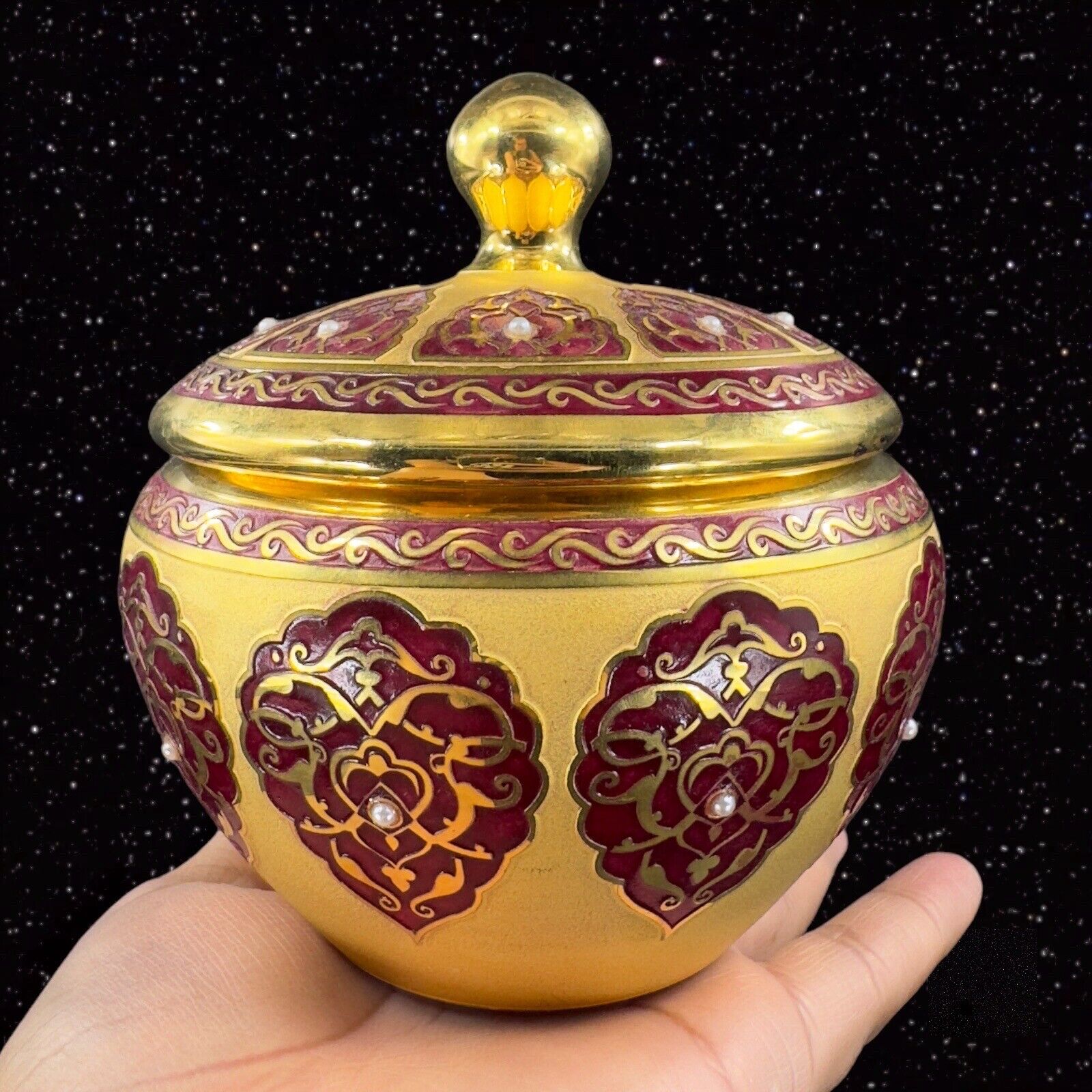 Decorium Turkish Glass Handcrafted Candy Dish Bowl Gold Gild W Lid Marked VTG