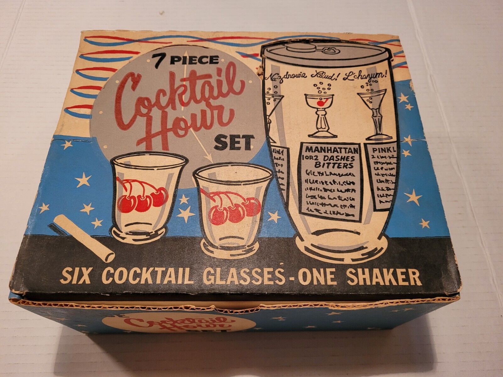Vintage MCM 7 Piece Cocktail Hour Set 6 Glasses Shaker Anchor Hocking Glass