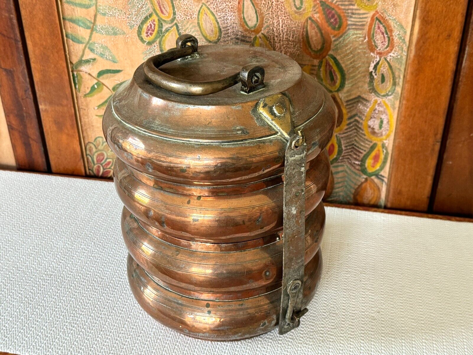 Antique Copper Stacking Turkish Lunch Box Tiffin - 4 Tier