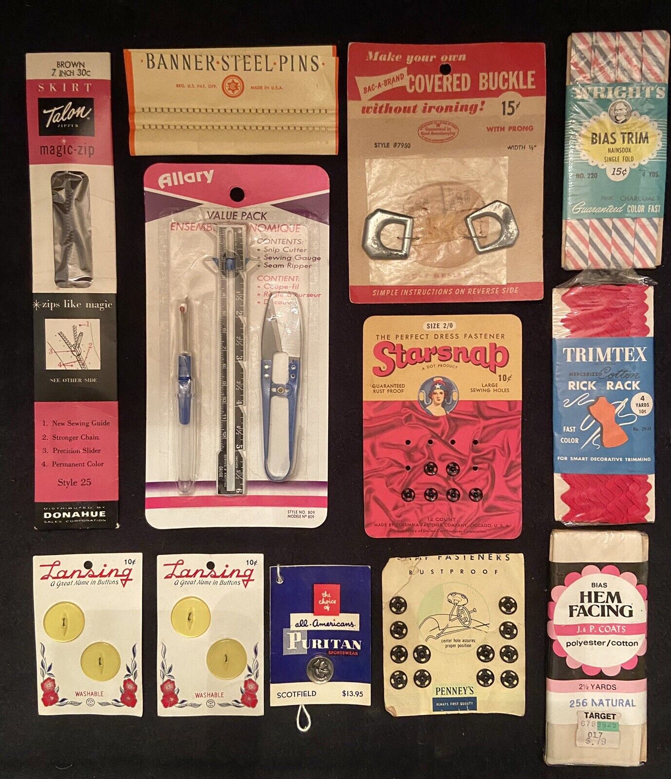 Lot of 12 Vintage SEWING NOTIONS-Trim, Buttons, Zipper, Pins, Snaps, Seam Ripper