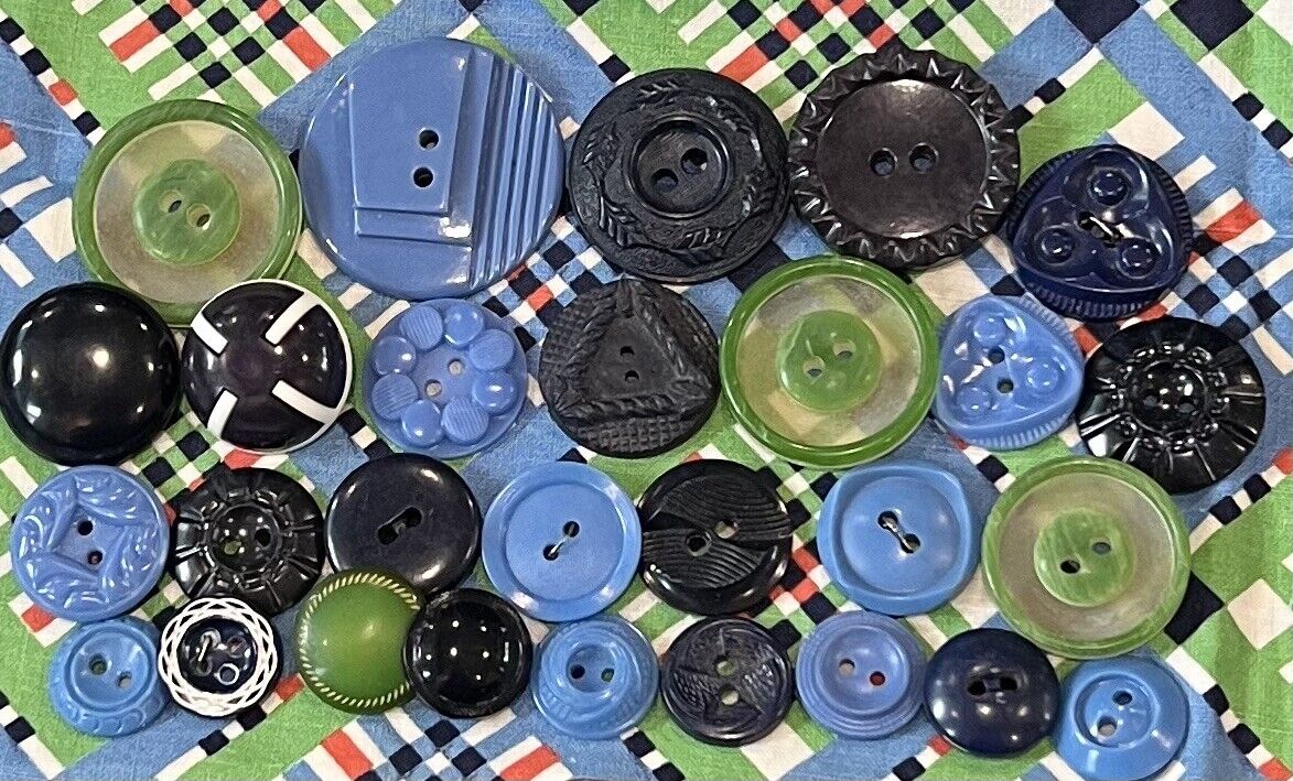 Vintage Lot Buttons Lot Mixed Variety Plastics Bright Cheerful Blues & Greens