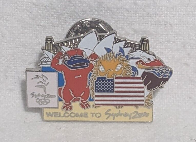 Olympics Lapel Pin Sydney 2000 Mascots Welcome United States Team Flag - Used