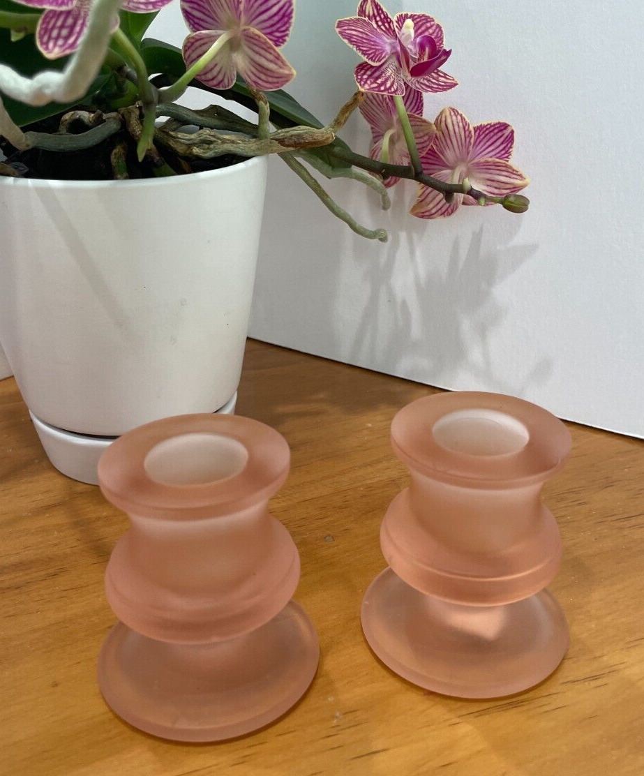Pastel Rose Pink Frosted Glass Candle Holders Set Of 2 Low 2 1/2\