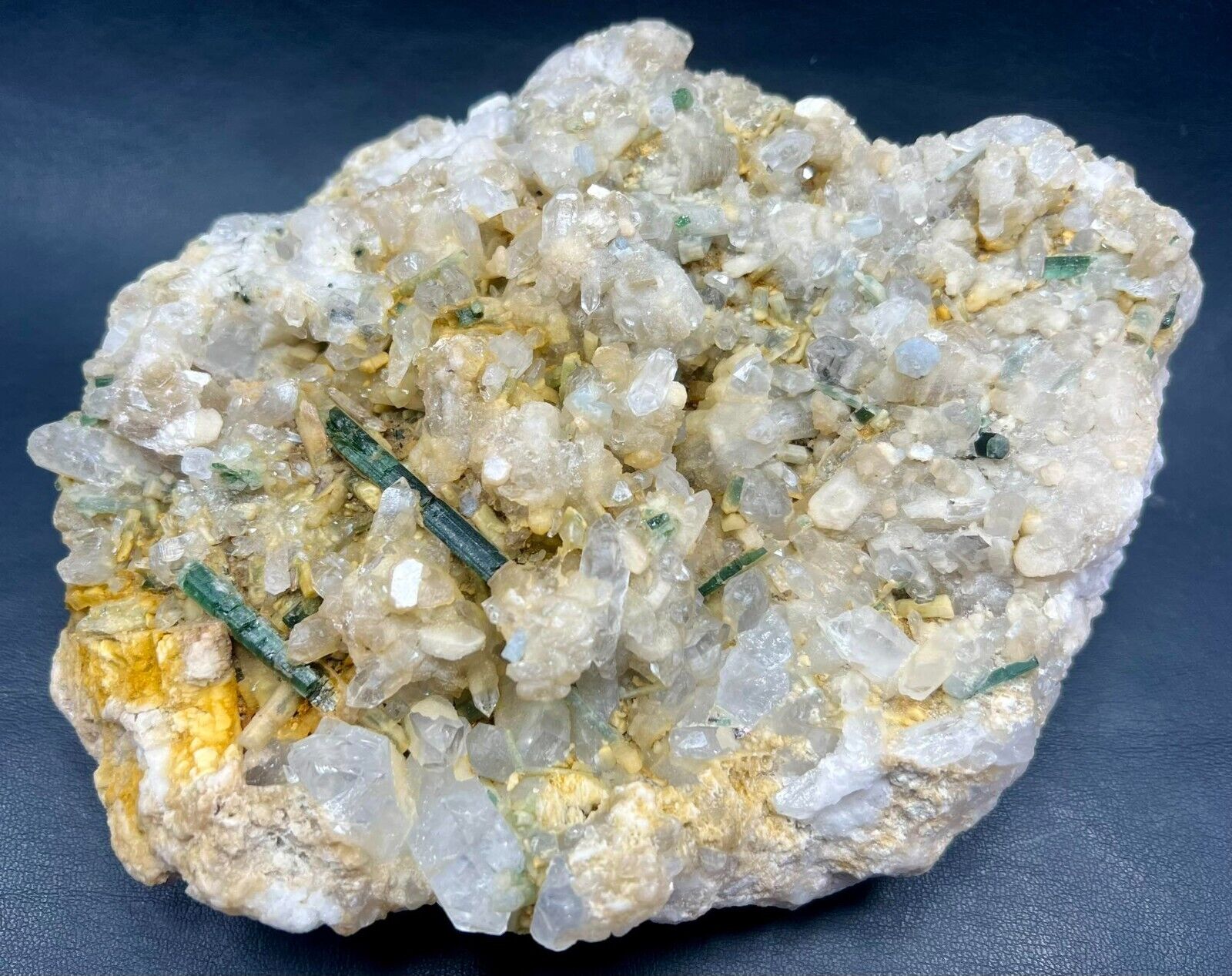 1752 Gr. Green Tourmaline, Apatite, Aquamarine, Mica, Quartz, Albite Crystals On
