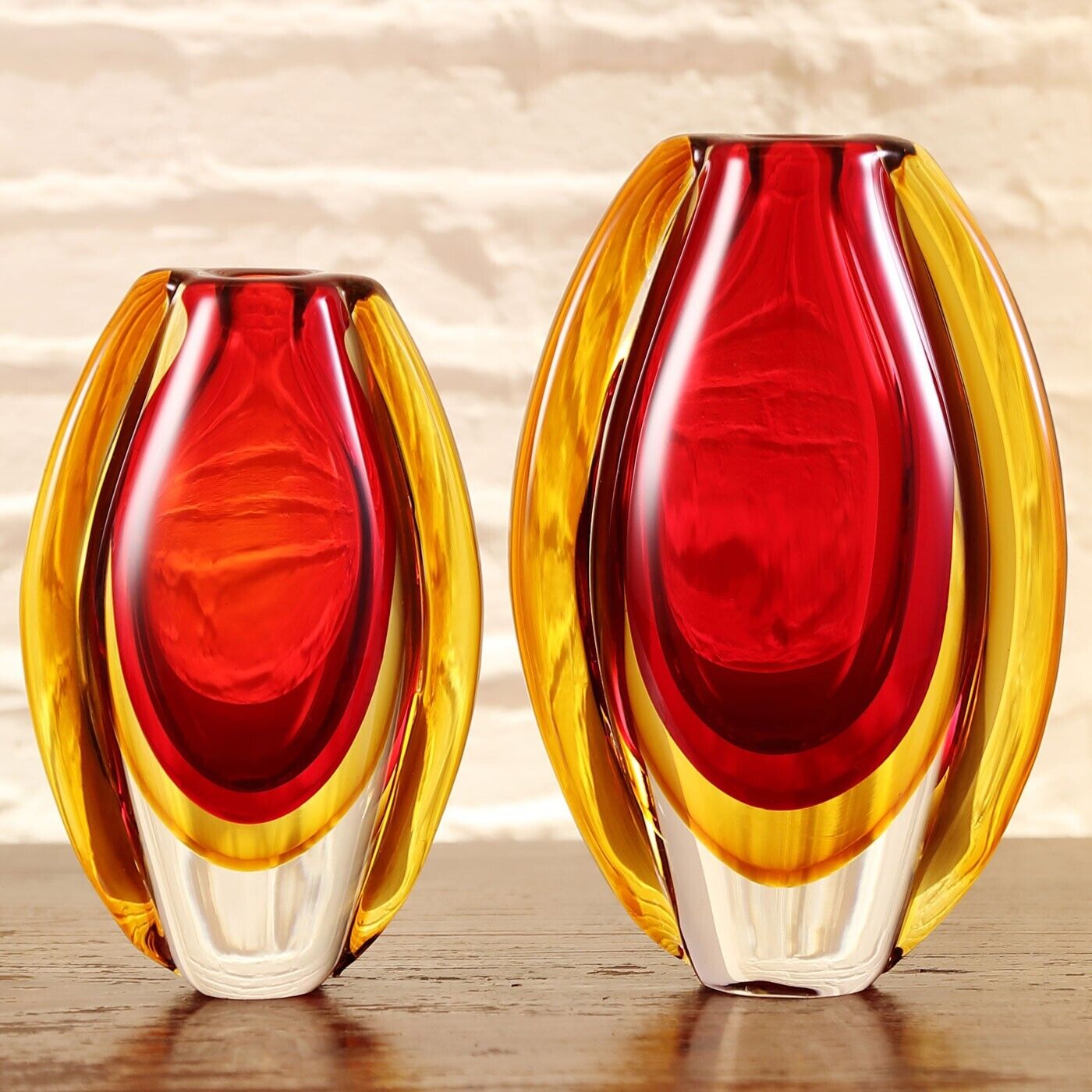 8.5 inches tall Hand Blown Sommerso Oval Art Glass Vase Red 