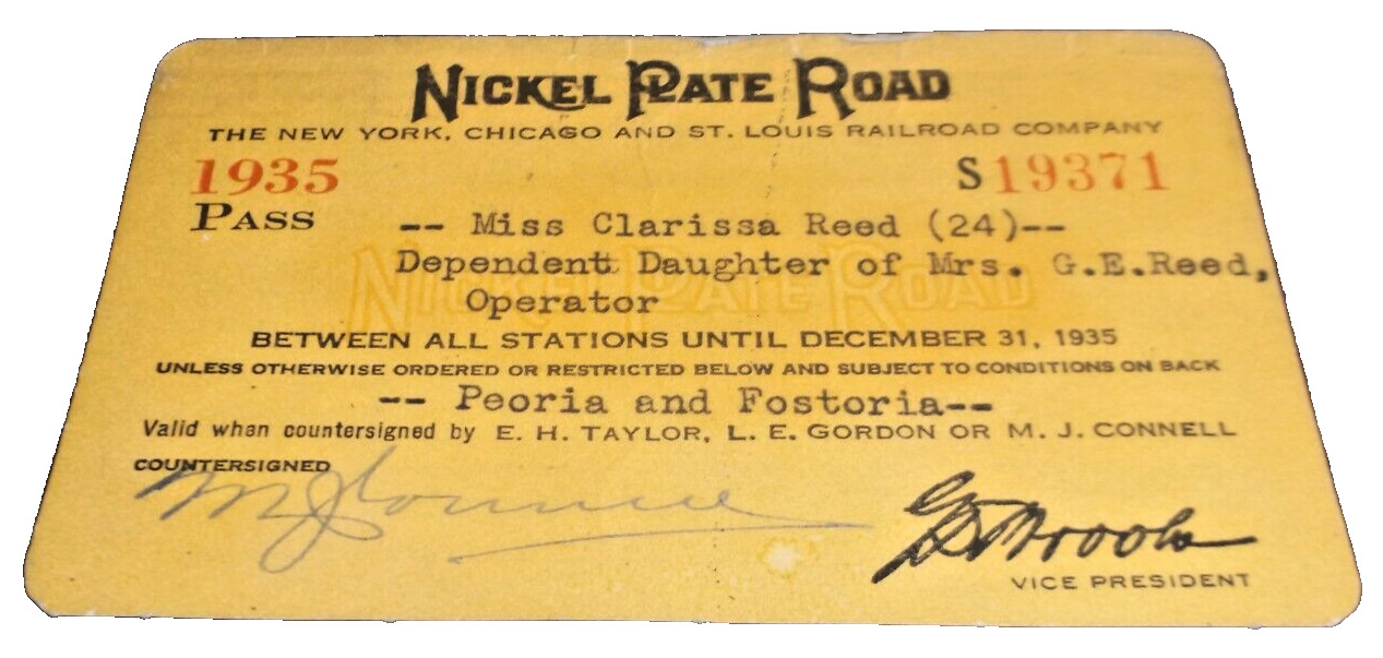 1935 NICKEL PLATE ROAD NKP EMPLOYEE PASS #19371