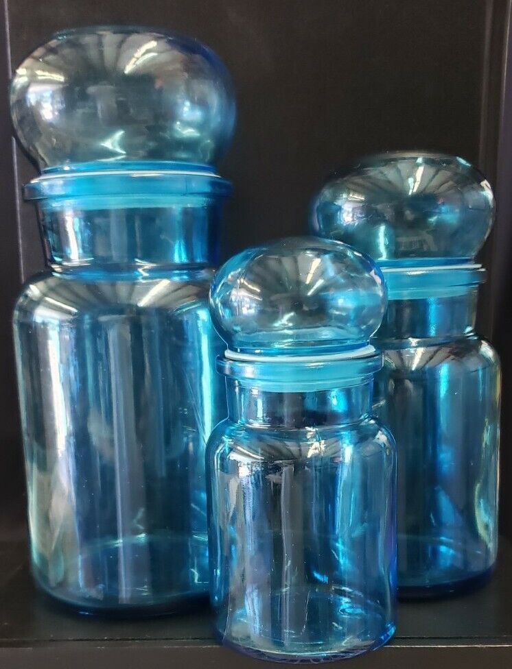 3 Set Mid Century Vintage Blue Glass Apothecary Storage Jars Made In Belgium