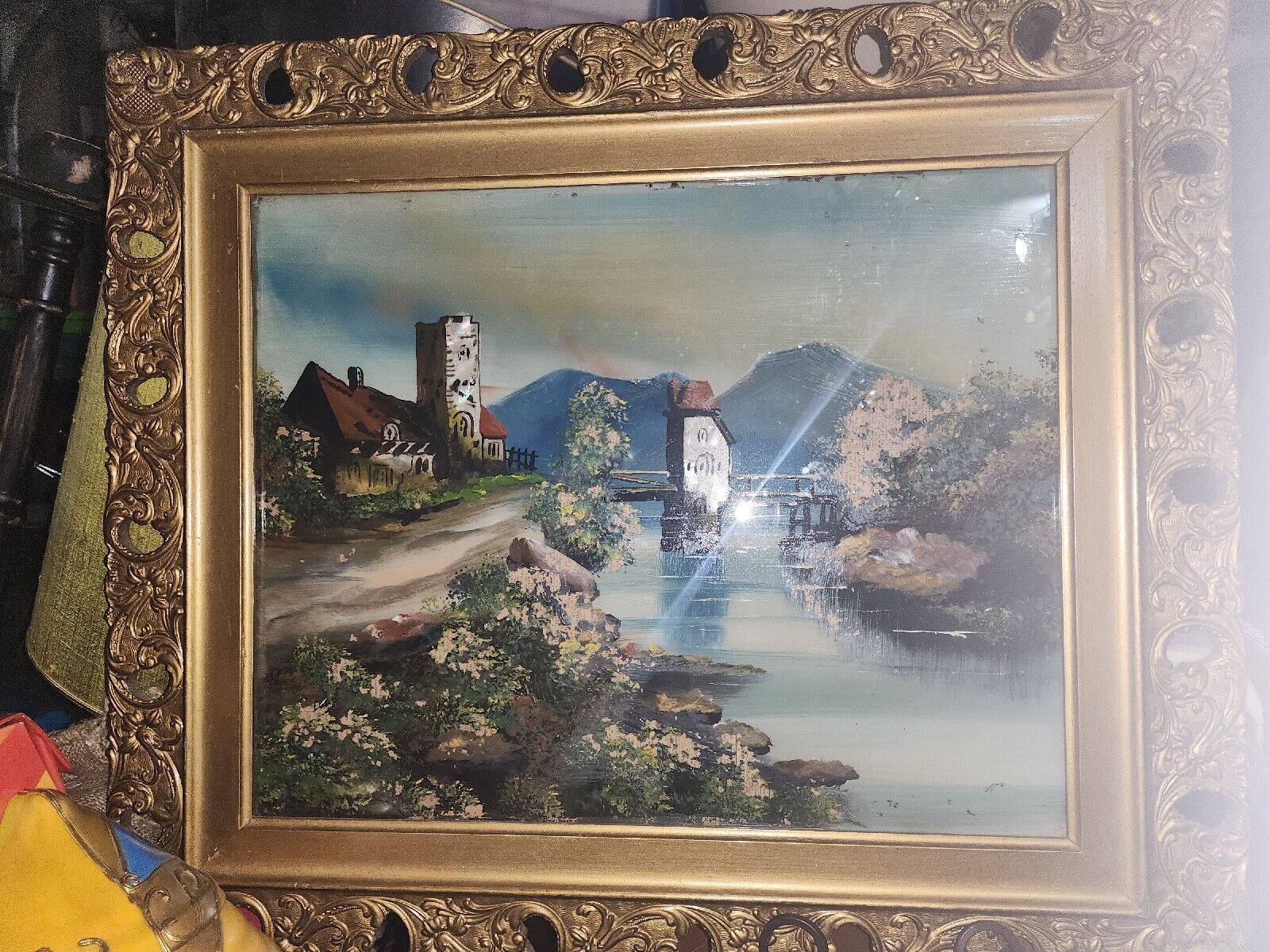Antique Reverse Glass Painting Horticultural Lakehouse River GESSO   Oak Frame