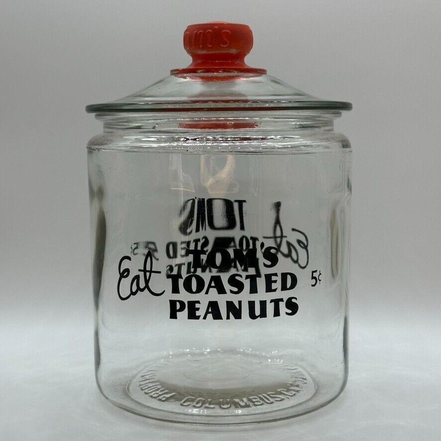 Vintage Eat Tom's Toasted Peanuts Glass Canister Jar Counter Display