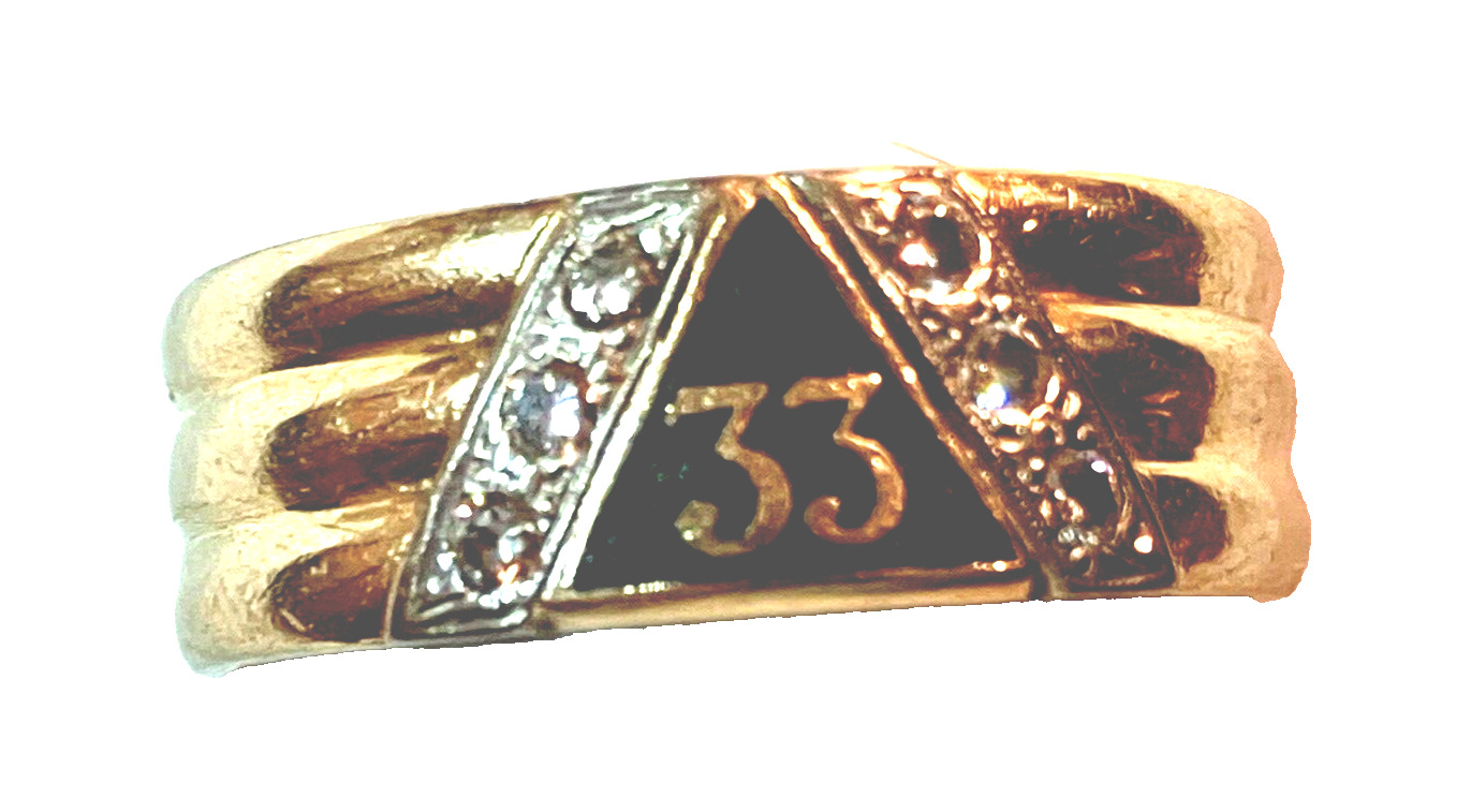 10K Yellow Gold Diamond 33rd Degree Masonic Ring 7g Sz 11.25 '' DEUS MEUMQUE JUS
